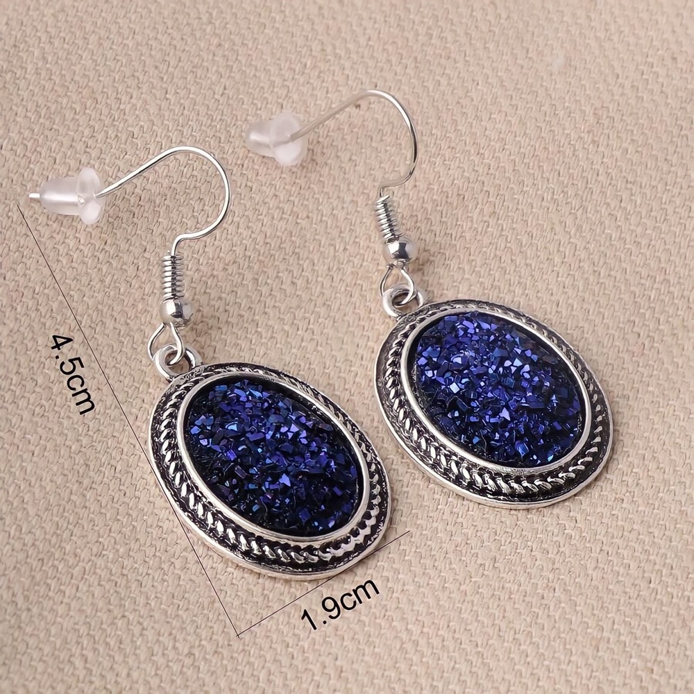 Silver & Navy Blue Glitter Oval Drop Earrings - Picture 3 of 4